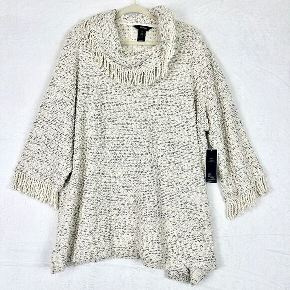 Ali Miles Cowl Neck Sweater Fringe Yarn Knit Size 2X Natural Boucle Chenille - Picture 1 of 8